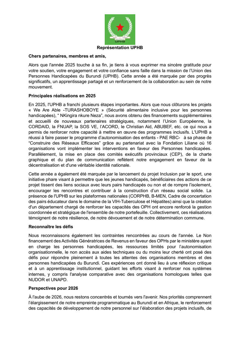Message de la Représentation UPHB Voeux 2026